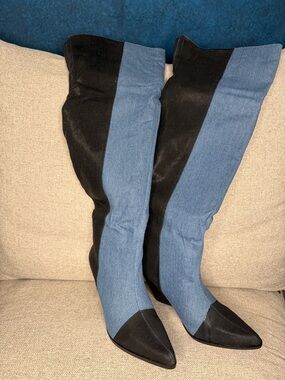 Cape Robbin Two-Tone Over-the-Knee Boots in Black and Blue Denim